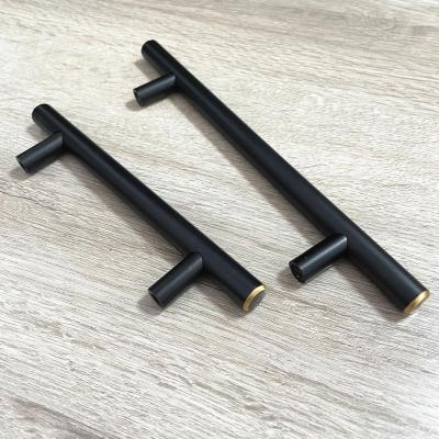 China Minimalist Hardware For Furniture Home Kitchen Wardrobe American Solid Black + Gold End T Bar Handle for sale