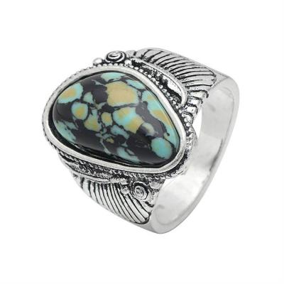 China European and American fashion retro ring feather turquoise jewelry for men and women for sale