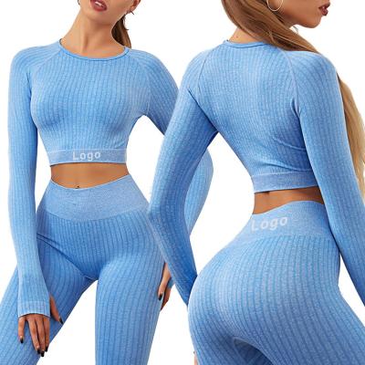 China Breathable Hot Selling Workout Clothes Woman 2 Piece Butt Lift Seamless Leggings Fitness Ribbed Crop Top Long Sleeve Yoga Set for sale