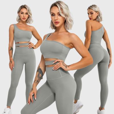 China Breathable Custom GYM Activewear Sets One Shoulder Sports Bra Workout Elastane Recycled Leggings Yoga Set for sale