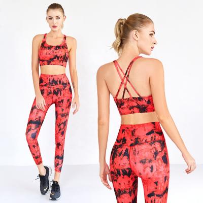 China Breathable Wholesale Custom Sporty Fitness Clothing Two Piece Red Flower Printed Plus Size Eco Friendly Women Yoga Wear Set for sale