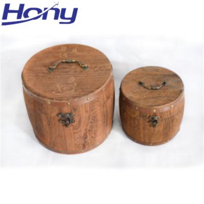 China Disposable Wooden Barrel Barrel Cylinder Packaging Holder Box With Hinged Lid For Tea Tin Barrel Shape Coffee Candy Honey Packaging for sale