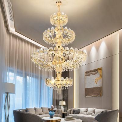 China Large Gold Customized Modern Metal Lustres De Pendant Light Long Luxury Modern LED Crystal Hotel Lobby Chandelier Wholesale for sale