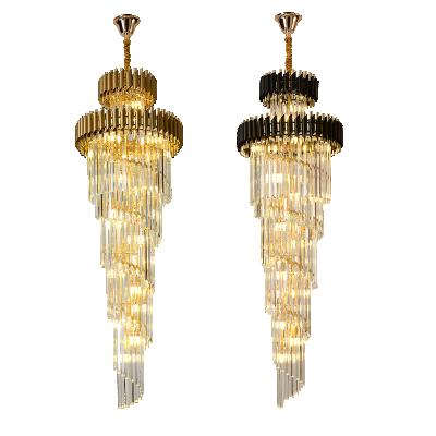 China Modern Gold/Black Luxury Long Crystal Stair Chandelier Modern Lighting Villa Hotel Attic Staircase Chandelier for sale