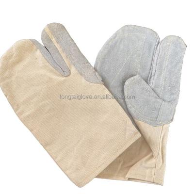 China China anti-slip factory produces natural Japanese style canvas three finger color leather welding gloves customizable logo work for sale