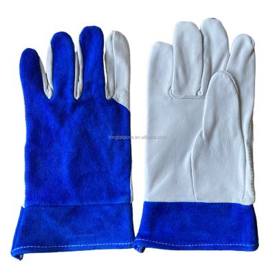 China High Quality Heat Resistant White Goat Leather Blue Cow Split Leather Argon Tig Welding Gloves Work Gloves for sale