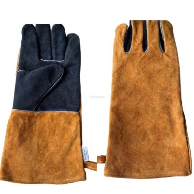 China 14 Inch Palm Reinforced Orange Cow Anti-Slip Split Long Protective Gloves Leather Heat Resistant Welding Safety For BBQ for sale