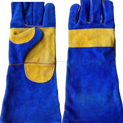 China China Factory New Anti-heat Gloves Blue Cow Split Welding Gloves Leather Heat Resistant Backing Custom For BBQ Work Safety 16 Inches for sale