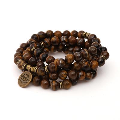 China 8mm Cute/Romantic Tiger Eye Stone Beads Strand Charm Yoga Lotus OM Buddha 108 Mala Chakra Bracelet or Necklace Bracelet for Women Men for sale