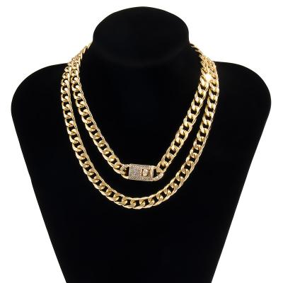 China Trendy Luxury Women Hip Hop Miami Thick 2Pcs/Set Crystal Clasp Chain Choker Necklace Limit Cuban Necklace Jewelry for sale