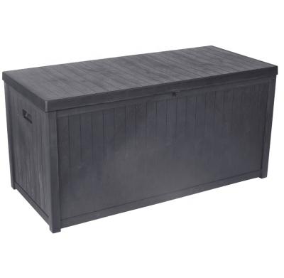 China Sustainable Gray 113 Gallon Wooden In Look Deck Box Storage Container Box Outdoor Patio Garden Furniture With Hinges for sale