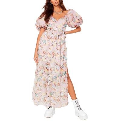 China Summer Anti-Static Custom Party Sweet Relaxed Over Waist Womens Printing Floral Puff Sleeve Leg Split Midi Dresses for sale