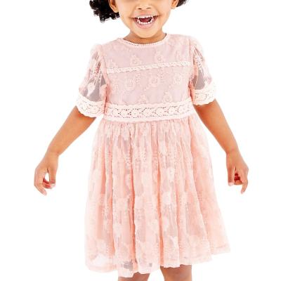 China Newest Designs Good Quality Anti-Static Casual Pink Lace Short Sleeve Kids Clothes Girls Dresses for sale