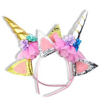 China Amazon Wholesale Party Hot Sale Unicorn Glitter Ears Flower Headband Hair Band for Unicorn Birthday Party Decoration Supplies for sale