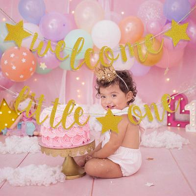 China Amazon Hot Selling Paper Baby Shower Party Little One Paper Welcoming Gold Glitter Baby Shower Banner Flag for Newborn Baby Birthday Party Decoration for sale