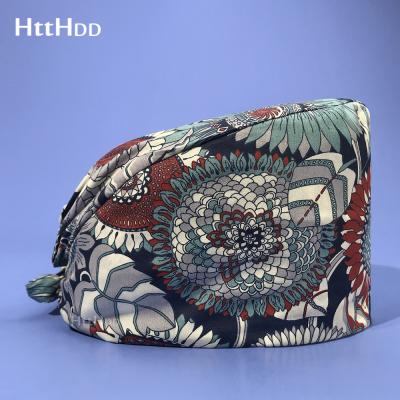 China High Quality Flowers Printing Doctor Hat 100% Cotton Surgical Nurse Scrub Hat Pet Veterinary Care Cap Dentist Clinic Beautician Hat for sale