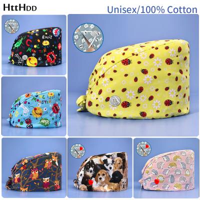 China New high quality unisex nurse hat 100% cotton scrubs hats with buttons cartoon printing nurse accessories beauty salon work adjustable hats for sale