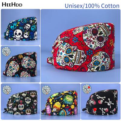 China Wholesale New Fashion Cotton Cartoon Skull Print Work Hat Beauty Salon Male Surgical Hat High Quality Adjustable Nursing Hat Scrub Hats for sale