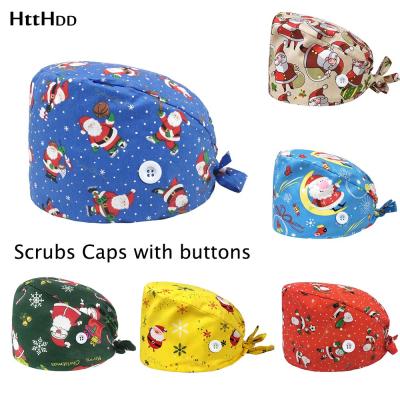 China NEW High Quality Cotton Cartoon Christmas Unisex Print Scrub Hat Adjustable Scrub Hat Beauty Salon Hat Lab Frosted Pet Shop Scrub Hat for sale