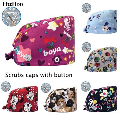 China High Quality Cute Printed Hat Lab Work Hats Unisex Beauty Salon Covers Pet Beauty Salon Scrub Hats Cotton Cartoon Adjustable Dust Cap for sale