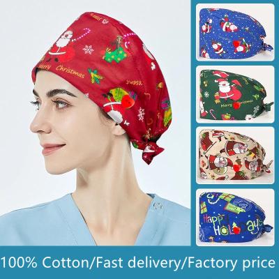 China High Quality Warm Adjustable Scrubs Christmas Unisex Printing Cotton Scrub Hat Beauty Salon Working Hats Nurse Hat Elastic Nurse Accessories for sale