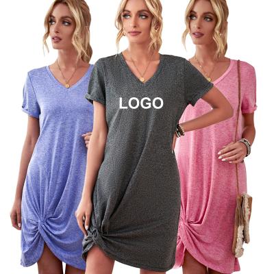 China OEM Anti-Static Customized Casual Women Dresses V-Neck Triblend Side Knot Mini T-Shirt Dress for sale