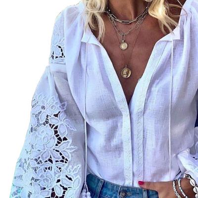 China Anti-wrinkle spring lace and summer women's shirt solid lace splicing fashion custom printed shorts new sexy style long T-shirt women for sale