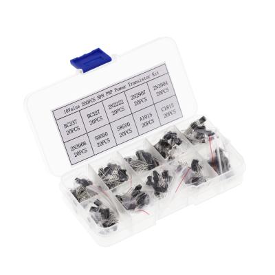 China 200PCS 10 NPN PNP Values ​​Power Transistor Assortment Kit Not Applicable (BC337 BC327 2N2222 2N2907 2N3904 2N3906 S8050 S8550 A1015 C1815) for sale