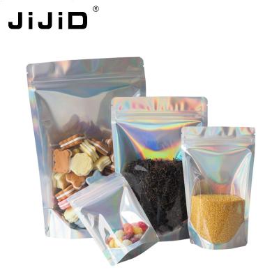 China JiJiD 10*15+8cm Holographic Clear Window Printing Moisture Proof Front Silver Metallic Laser Stand Up Pouch For Cosmetic for sale