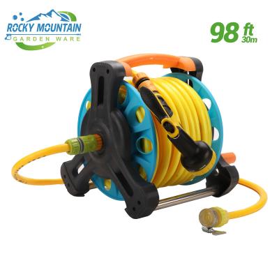 China Flexible Rocky Mountain Retractable Gardening Tools Hose Reel Wall Mounted 1/2 Inch 98Ft Any Length Lock With Hose Nozzle for sale