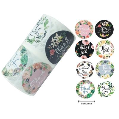 China Waterproof 8 Designs 500pcs/2inch Round Roll Custom Printing Thank You Stickers Black Floral Thank You For Your Patronage Sticker Label for sale