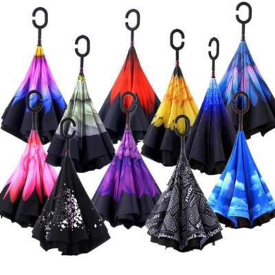 China Beautiful Double Layer Manual Open Printing Inverted Umbrella With C Handle for sale