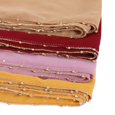 China Factory Daily Wholesale Gold Wear Overlock Beaded Chain 20 Colors Bubble Muslim Elegant Arab Women Chiffon Hijab Women Hijab Scarf Hijabs for sale