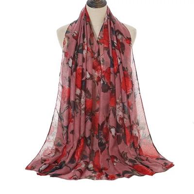 China 2021 New Arrival Spring Daily Wear Muslim Rose Floral Printed Cotton Veil Hijab Scarf Printed Wide Shawl Hijabs Stoles For Women Hijab for sale