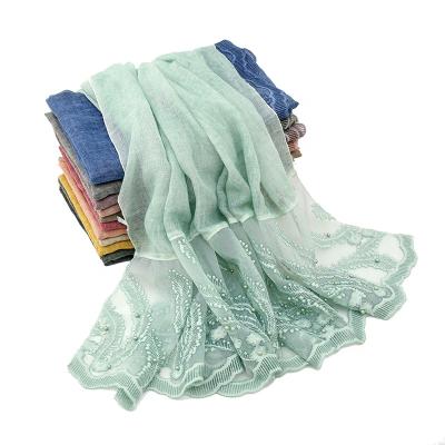 China Decoration Gift New Fashion Phoenix Sequin Accessory Pearl Lace Up Hijab Ladies Tie Dye Cotton Shawl Wrap Cotton Lace Muslim Scarves For Women Elegant Islamic for sale