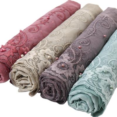 China New Design Embroidery Cotton Hijab Lace Bead Decoration Gift Accessory Muslim Turkish Scarves Fashion Floral Muslim Lace Scarf For Women for sale