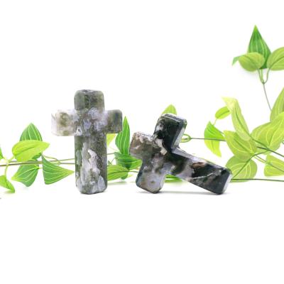 China China Gemstone Necklace Crystal Stone Pendants Carvings Natural Feng Shui Moss Agate Cross Carvings for sale