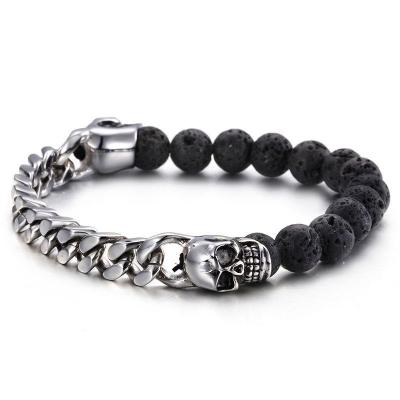 China 2023 Trendy Lava Beads Men's Disco Ball Charms Bracelets Yunse Natural Hot Sale Stone Bead Stainless Steel Skull CZ 8mm Bracelet for sale