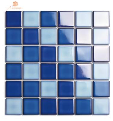 China Rustic Dark Blue Mosaic Glazed Tiles Crystal Gloss Swimming Pool Mesh Mounted Porcelain Mosaic Ceramic Mosaic Tiles 306*306mm for sale