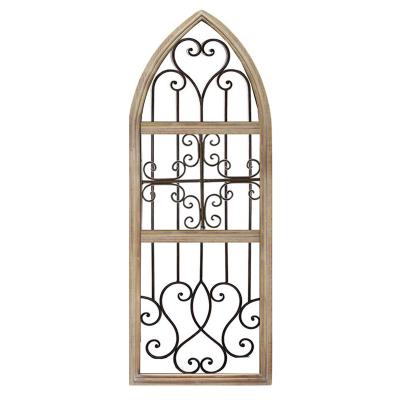 China Art Decor Custom Cathedral Window Sashes Arched Wooden Antique Decorative Window For Living Room Garden Wall Decor for sale