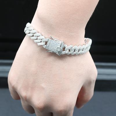 China Cadermay Hip Hop CLASSIC Jewelry 925 12MM White Gold Silver Plated Iced Out Cuban Link Chain Bracelet Moissanite Fork Cuban Link Chain for sale