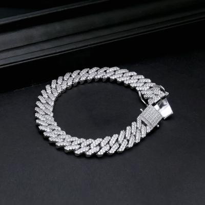 China Hiphop Cadermay Hip Hop 12mm White Gold Plated Iced Out Cuban Link Chain S925 Silver Link Chain for sale