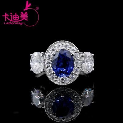 China Cadermay TRENDY Jewelry Customized S925 Silver Luxury Oval Sapphire And 7X9mm 5x7mm Moissanite Diamond Trendy Engagement Wedding Ring for sale