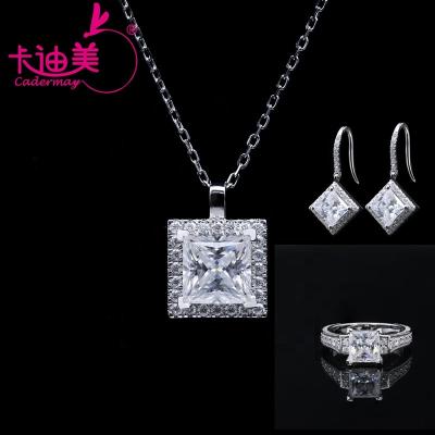 China TRENDY Rhodium Plated Princess Cut Moissanite Silver 925 Jewelry Set Wholesale Price Fancy 2ct Moissanite Ring Pendent With 1ct Earrings for sale