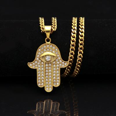 China Europe And America Hip Hop Jewelry 18K Gold Stainless Iced Out Evil CZ Eye Hamsa Hand Of Fatima Pendant Necklace for sale