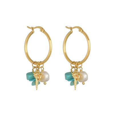 China CLASSIC Women's 14k Gold Titanium Steel Turquoise Pearl Conch Resort Beach Designed Popular Earrings for sale