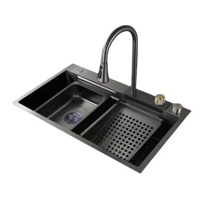 China With faucet factory single sink 304 stainless steel household sink large waterfall handmade nano black sink Feiyu for sale