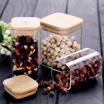 China Square High Borosllate Kitchen Freshness Preservation Large Airtight Storage Food Spice Square Glass Jars With Wooden Lid for sale