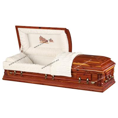 China Handmaking masterpiece style red cedar style wooden coffins American solid American burial caskets for sale