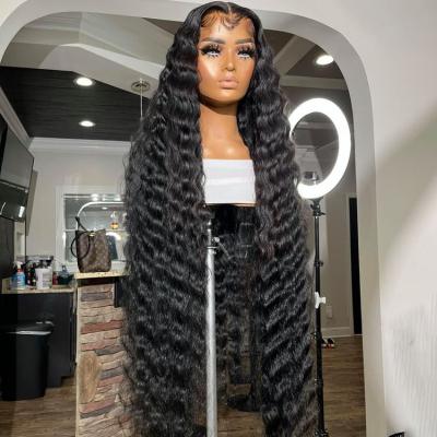 China Other 30 Inch 200% Density Deep Wave Wig 13X4 Brazilian Hair Hd Transparent 100% Lace Front Wig for sale